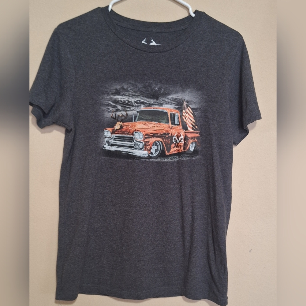 Realtree Dark Gray Tee Old America Chevy Deer Skull Flag Country Western